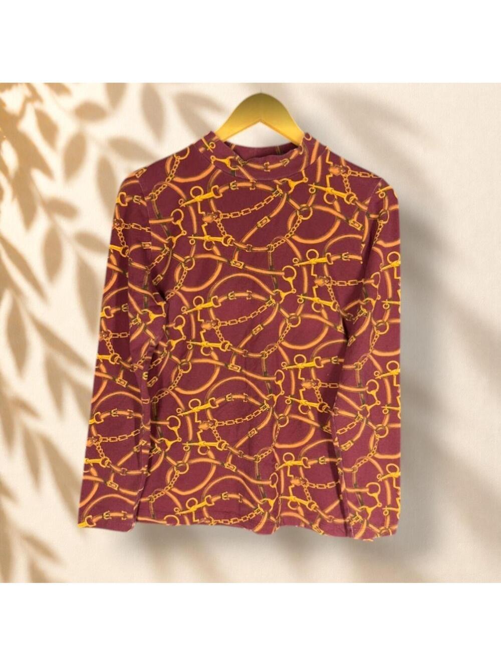 Isaac Mizrahi Blouse Women M Medium Purple Graphic Print Long Sleeve Cotton